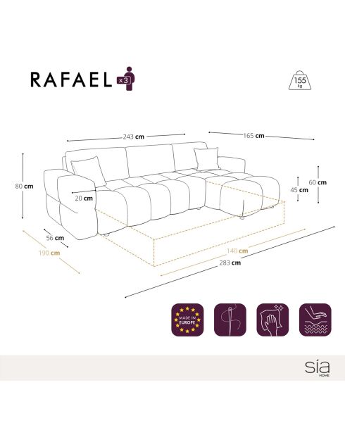Canapé angle droit convertible express matelas Dunlopillo 140cm Rafael Velours anthracite foncé - 286x165x80 cm