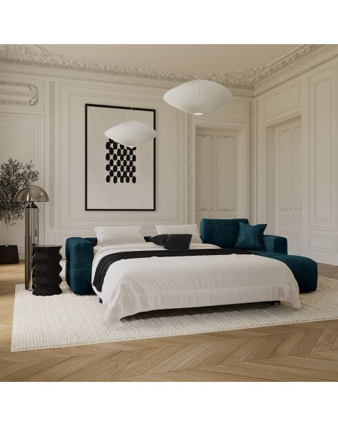 Canapé angle droit convertible express matelas Dunlopillo 140cm Rafael Velours bleu paon - 286x165x80 cm