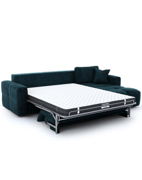 Canapé angle droit convertible express matelas Dunlopillo 140cm Rafael Velours bleu paon - 286x165x80 cm