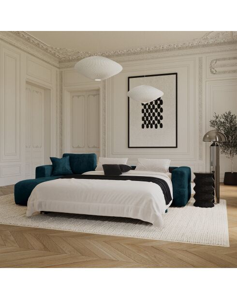 Sofa, linke Ecke, konvertierbar, Express Dunlopillo Matratze, 140 cm, Rafael Peacock, blauer Samt — 286 x 165 x 80 cm