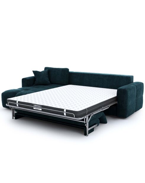 Canapé angle gauche convertible express matelas Dunlopillo 140cm Rafael Velours bleu paon - 286x165x80 cm