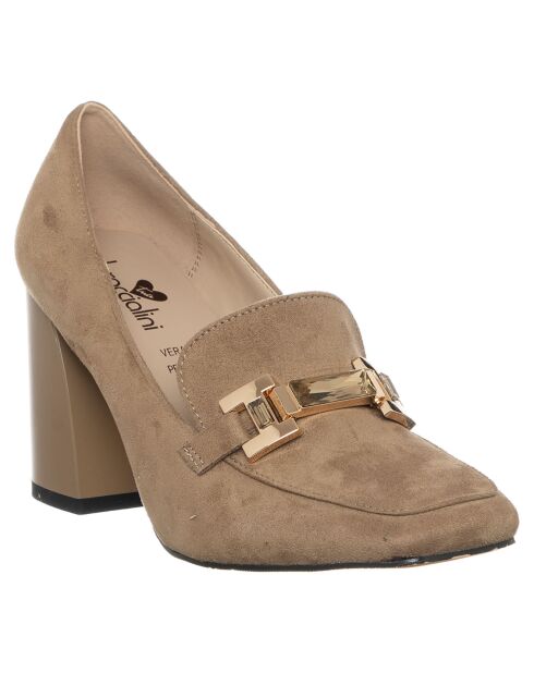 Rosiebeige instappers met hak van 9 cm