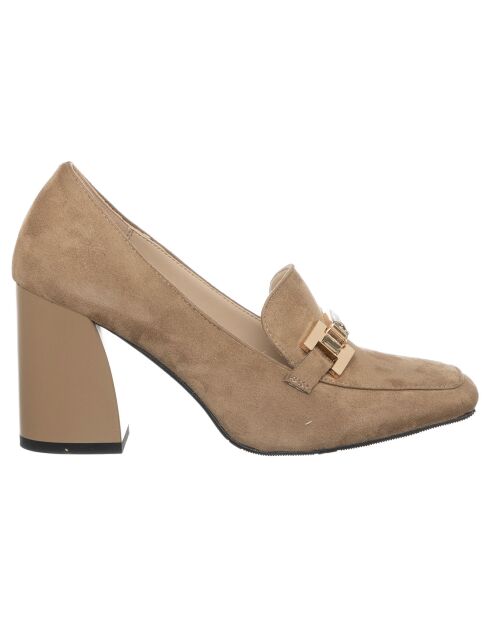 Rosiebeige instappers met hak van 9 cm