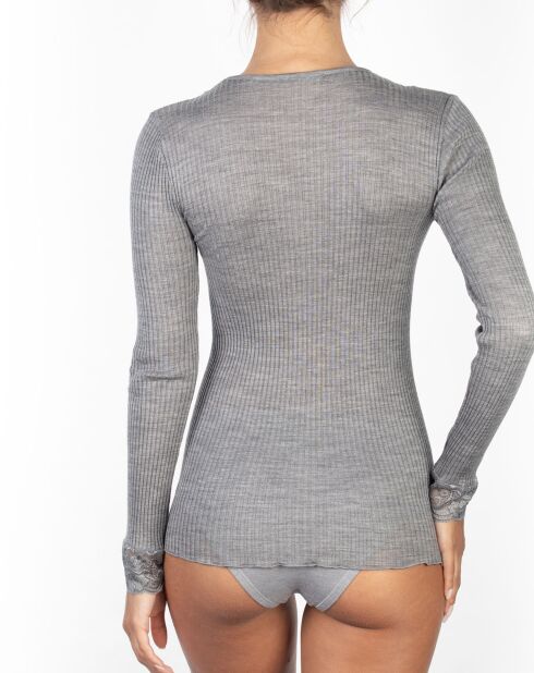 Top manches longues Col V dentelle laine plissée argenté