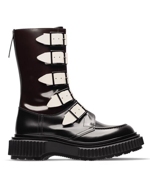 Bottines Hautes à Boucle en Cuir de Veau noir/bordeaux/ivoire