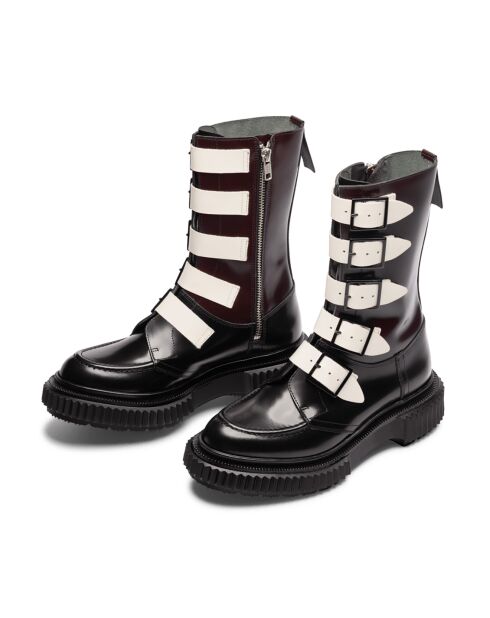 Bottines Hautes à Boucle en Cuir de Veau noir/bordeaux/ivoire
