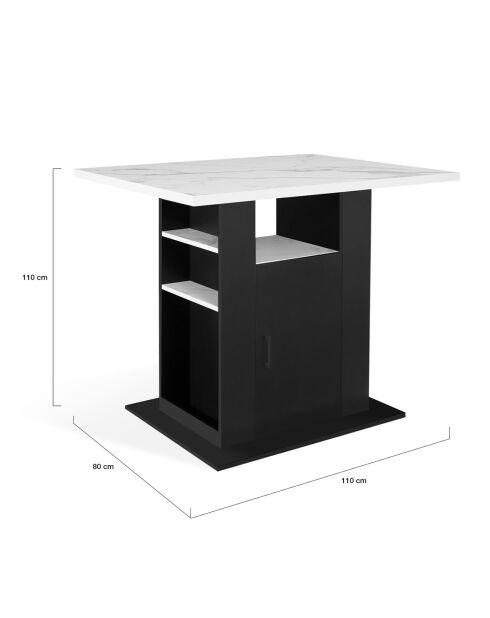 Ilot central de cuisine Théo noir/blanc aspect marbre - 110x80x90 cm