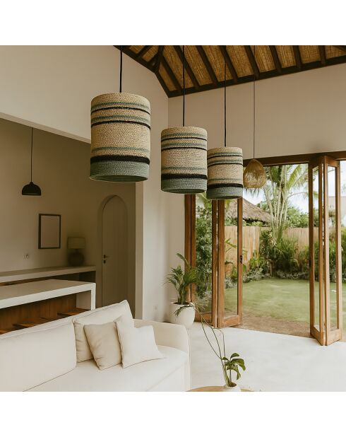 Suspension en Jonc de Mer Barbade naturel/vert - 19x28 cm