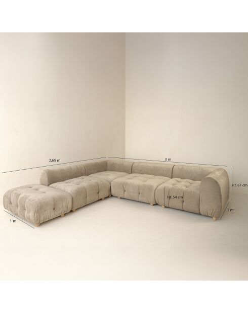 Canapé d'angle 5 Modules en Velours pané Twiggy gris/taupe - 300x265xH.67 cm