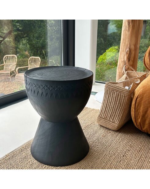 Tabouret en bois d'acacia brulé assa noir - D.35x45 cm