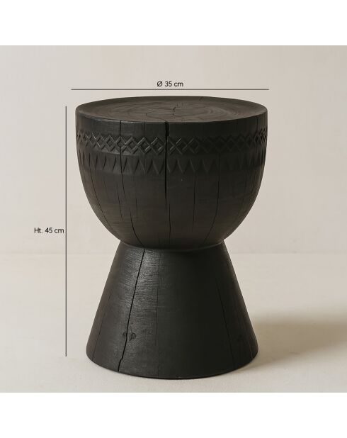 Tabouret en bois d'acacia brulé assa noir - D.35x45 cm