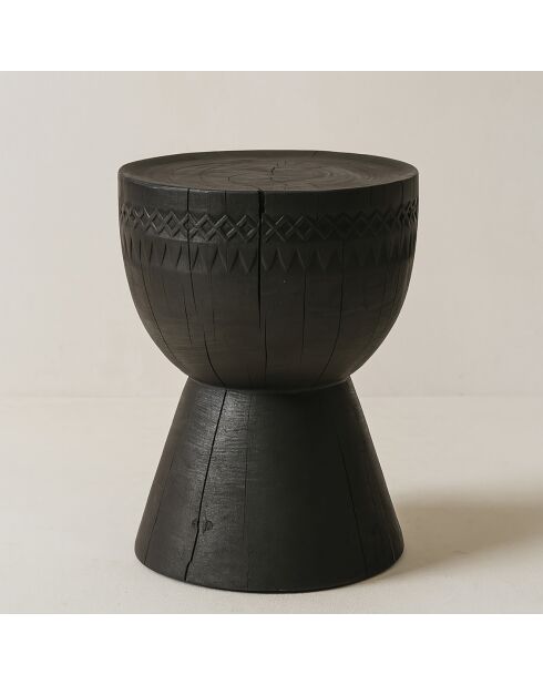 Tabouret en bois d'acacia brulé assa noir - D.35x45 cm