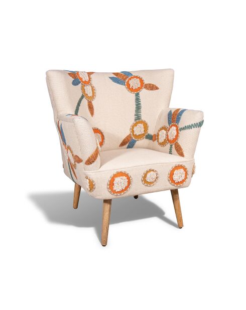 Fauteuil en coton écru brodé à la main maya multicolore - 68x77.5x70cm