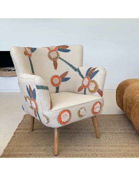 Fauteuil en coton écru brodé à la main maya multicolore - 68x77.5x70cm