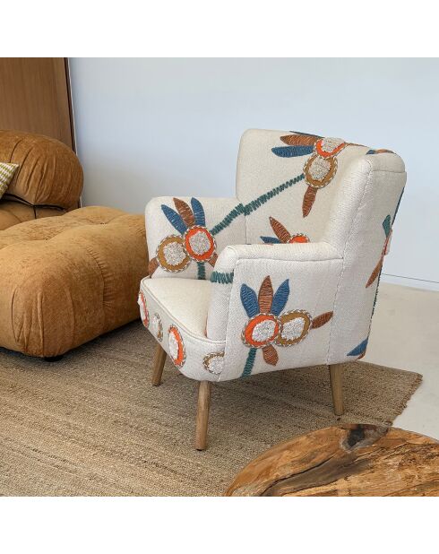 Fauteuil en coton écru brodé à la main maya multicolore - 68x77.5x70cm