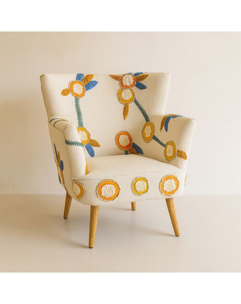 Fauteuil en coton écru brodé à la main maya multicolore - 68x77.5x70cm
