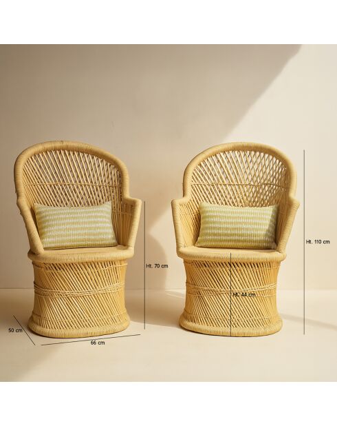 2 fauteuils en bambou avec 2 coussins zamzebe naturel - 70x68x110 cm