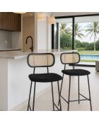 2 Chaises de bar en Rotin & Velours cotelé Nosara noires - 45x50x99 cm