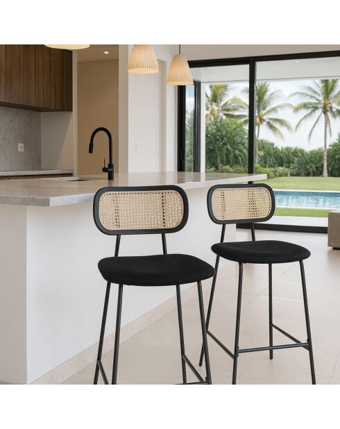 2 Chaises de bar en Rotin & Velours cotelé Nosara noires - 45x50x99 cm