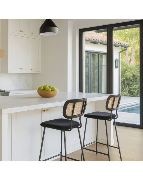 2 Chaises de bar en Rotin & Velours cotelé Nosara noires - 45x50x99 cm