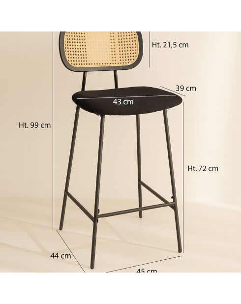 2 Chaises de bar en Rotin & Velours cotelé Nosara noires - 45x50x99 cm