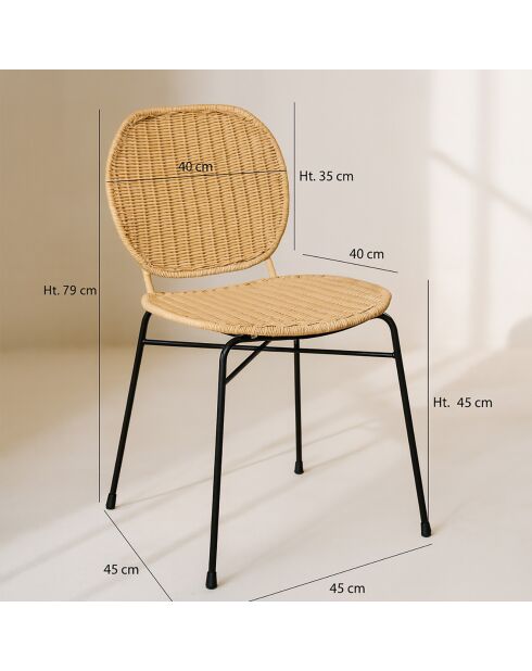 2 Chaises Nina en rotin et pieds métal naturel/noir - 45x45x78 cm