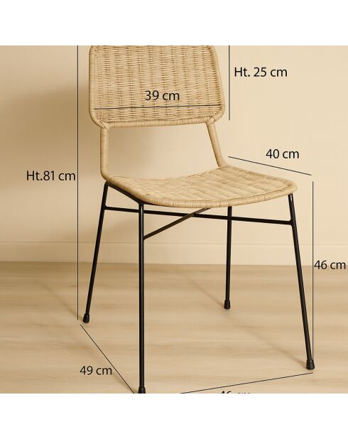 2 Chaises Suzie en rotin et pieds métal naturel/noir - 49x46x81 cm