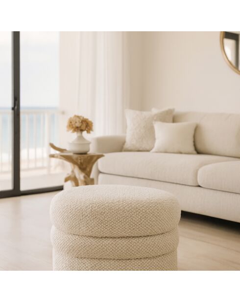 Pouf en Bouclette Structure en Bois Ulysse beige - 64x44x45 cm