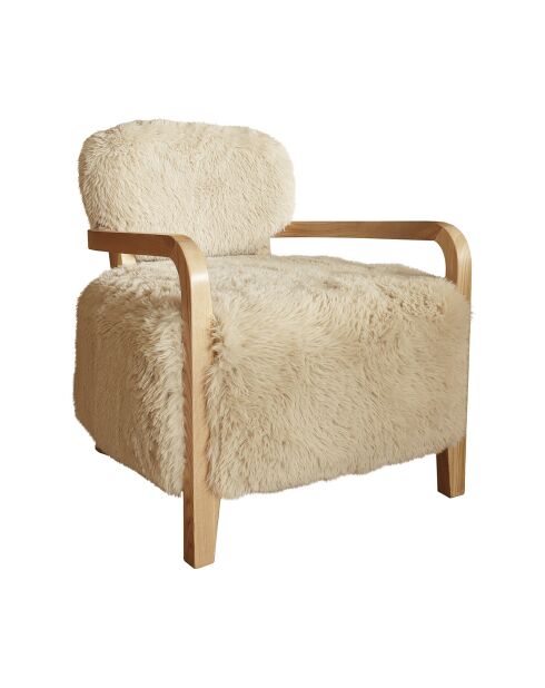Fauteuil en tissu doux effet mouton pieds en bois yack beige/naturel - 71x79x77 cm