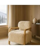 Fauteuil en tissu doux effet mouton pieds en bois yack beige/naturel - 71x79x77 cm