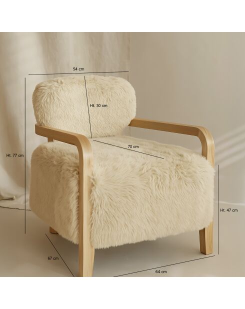 Fauteuil en tissu doux effet mouton pieds en bois yack beige/naturel - 71x79x77 cm