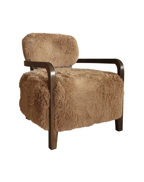 Fauteuil en tissu doux effet mouton pieds bois yack marron - 71x79x77 cm