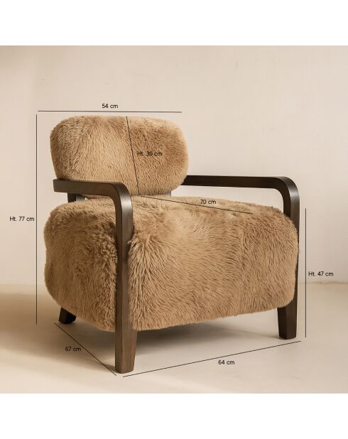 Fauteuil en tissu doux effet mouton pieds bois yack marron - 71x79x77 cm