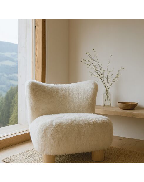 Fauteuil effet fourrure avec des pieds en bois artic blanc/naturel - 76x81x77 cm