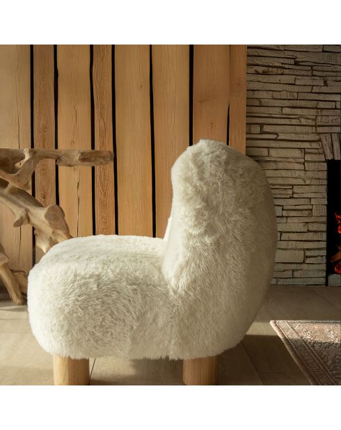 Fauteuil effet fourrure avec des pieds en bois artic blanc/naturel - 76x81x77 cm