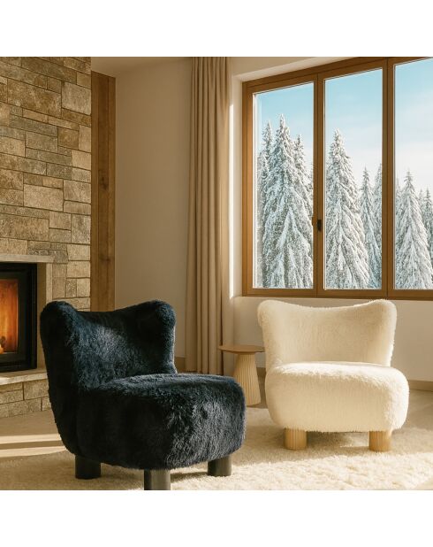 Fauteuil effet fourrure avec des pieds en bois artic blanc/naturel - 76x81x77 cm