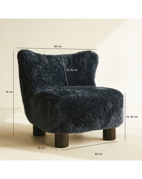 Fauteuil effet fourrure avec pieds en bois artic bleu/naturel - 76x81x77 cm