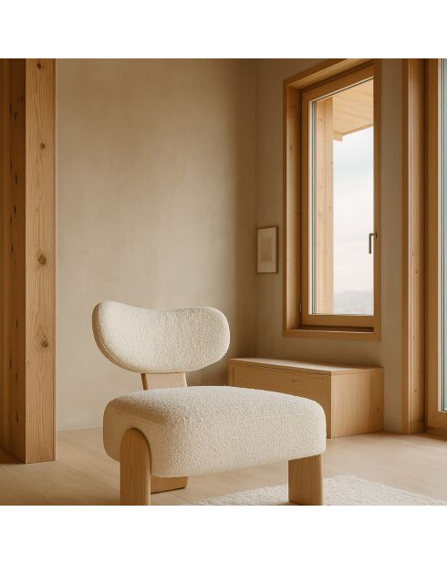 Fauteuil tissu bouclette et pied en bois hella blanc/naturel - 70x72x72 cm