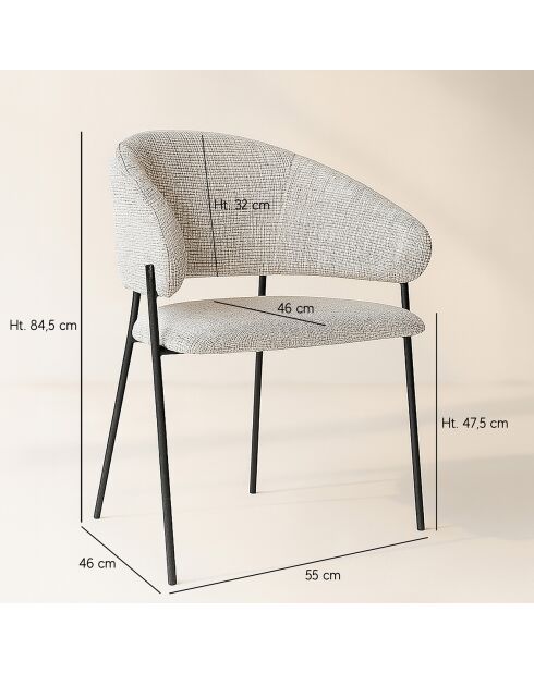 2 Fauteuils + Table tissu tweed pieds metal eros beige/noir