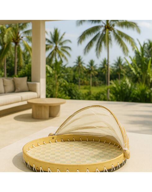 Plateau rond cloche garde manger coquille de capiz zina naturel/vert - 40x40x23 cm