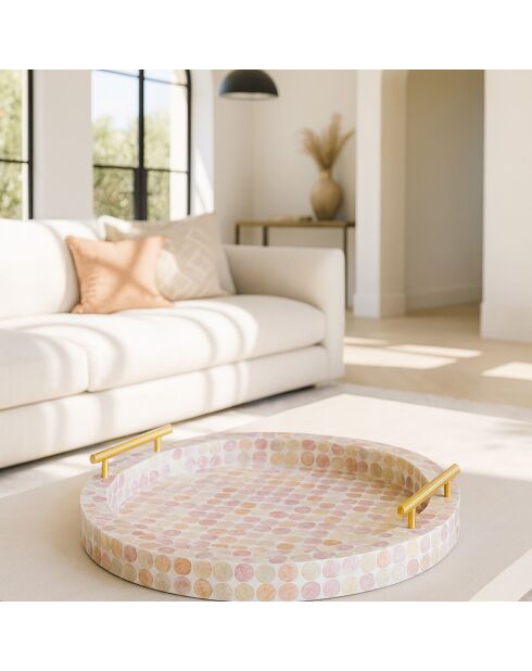 Plateau rond coquille de capiz elora rose - 47x47x7.5 cm