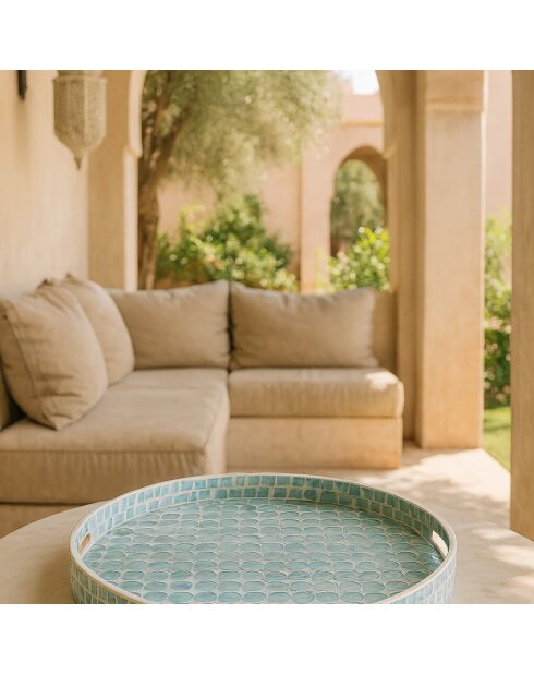 Plateau rond av poignée coquille de nacre solna bleu - D.45x6 cm