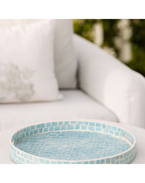 Plateau rond av poignée coquille de nacre solna bleu - D.45x6 cm