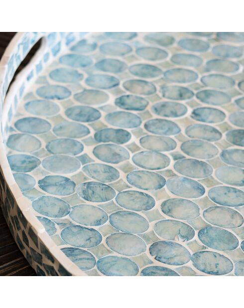Plateau rond av poignée coquille de nacre solna bleu - D.45x6 cm