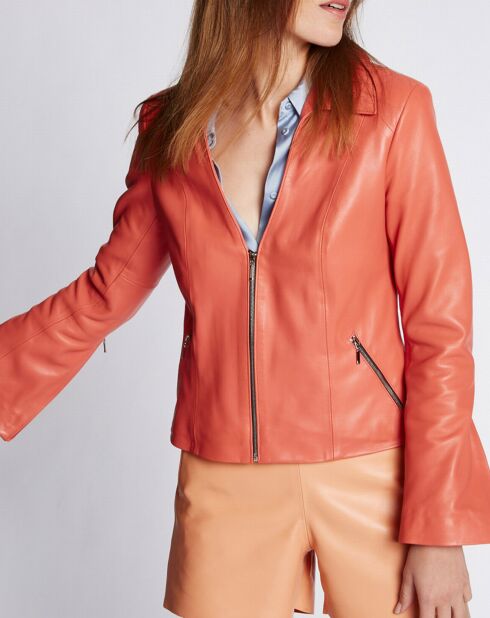 Veste en Cuir d'Agneau Pelagie Waxy tangerine