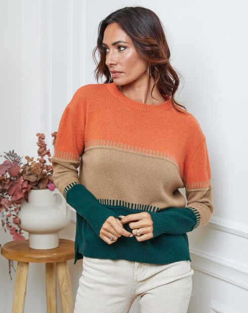 Pull en Laine mélangée Lurcia brique/camel/vert bouteille