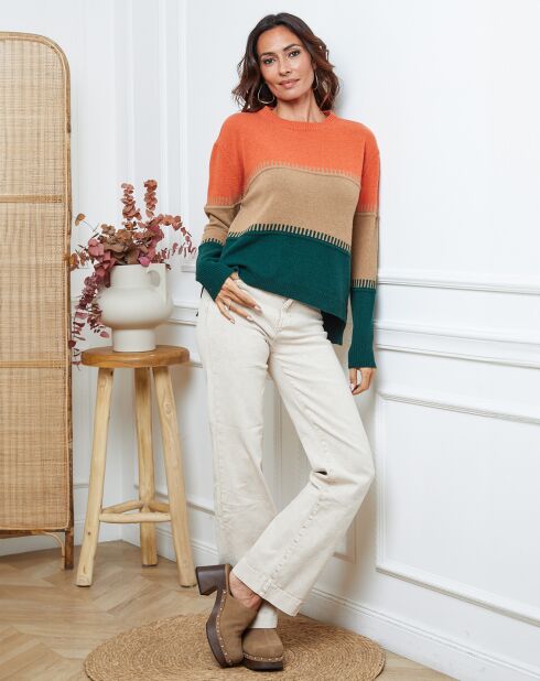 Pull en Laine mélangée Lurcia brique/camel/vert bouteille