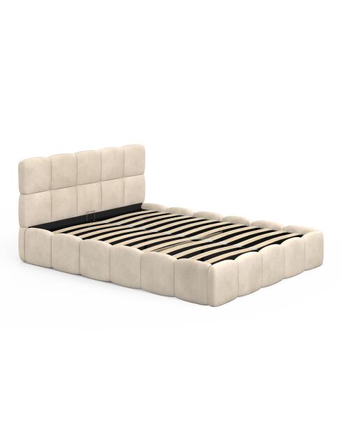 Cama cómoda de terciopelo con somier y cabecero beige - 206x157,5x89 cm