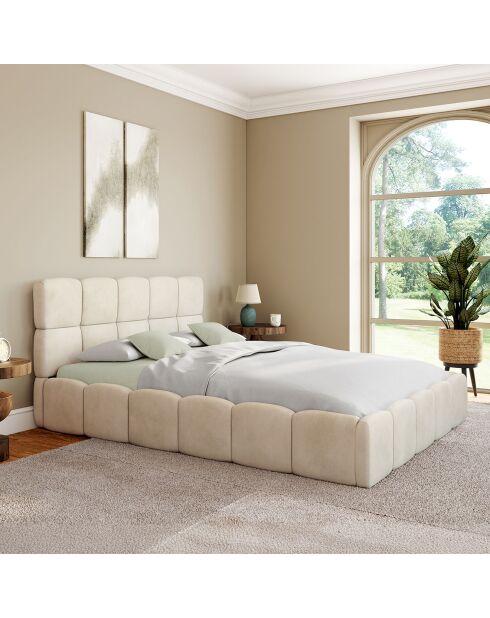 Cama cómoda de terciopelo con somier y cabecero beige - 206x157,5x89 cm