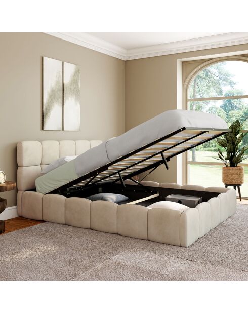 Cama cómoda de terciopelo con somier y cabecero beige - 206x157,5x89 cm
